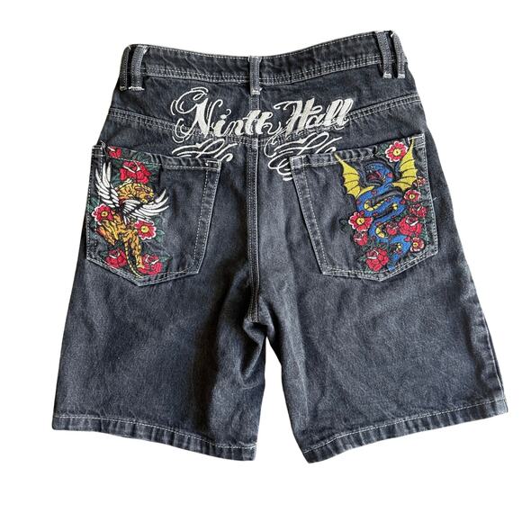 ninth hall Pants - VTG Y2K Ninth Hall Idle Denim Jorts- Tattoo Embroidery Tiger Dragon Black Wms 4